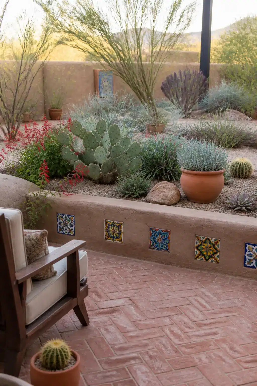Arizona backyard landscaping idea with Talavera tile planter wall, herringbone brick patio, and desert plants