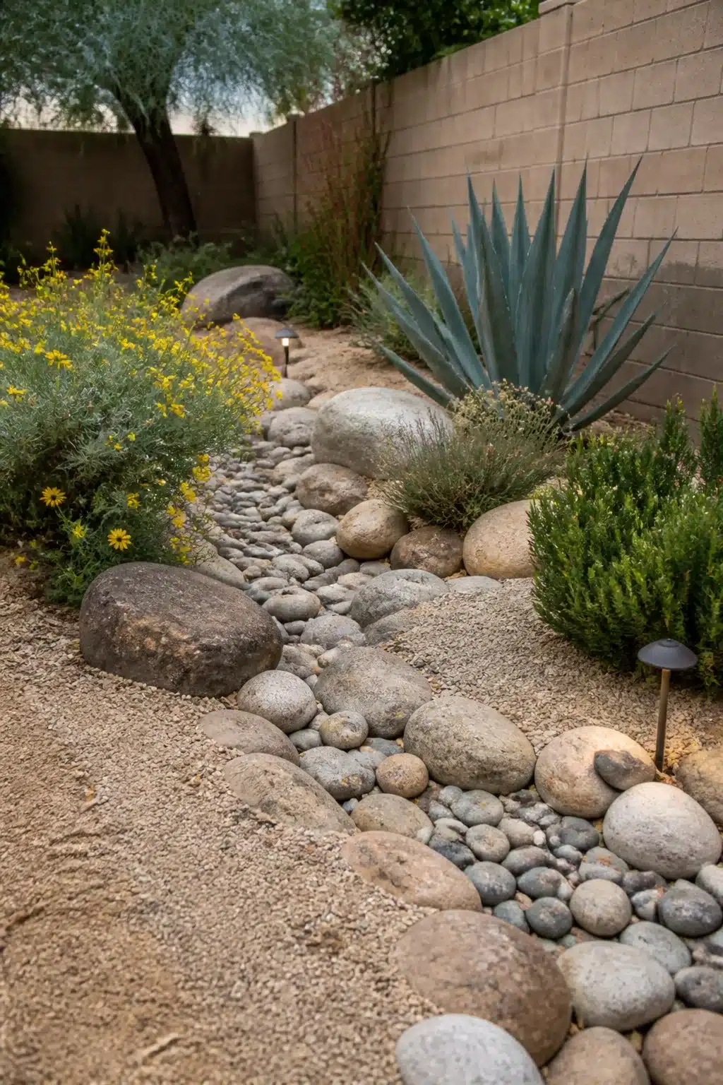 Dry river bed with river rock, boulders & blue agave — Arizona backyard landscaping ideas for desert yards
