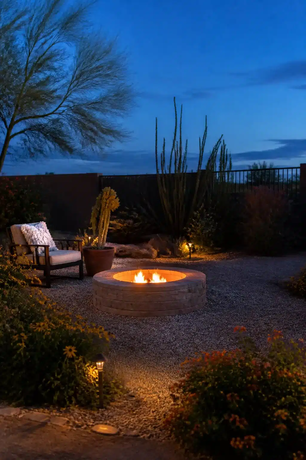 Arizona backyard landscaping idea with stone fire pit ring, gravel surround, and low-voltage path lighting at dusk