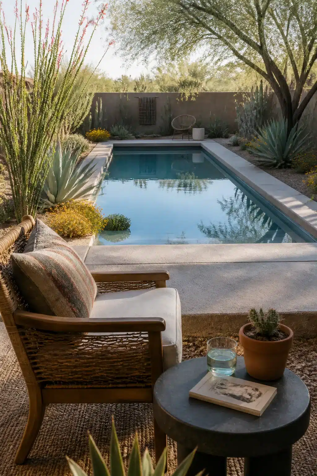 Arizona backyard landscaping idea with a rectangular pool surrounded by agave, ocotillo, and desert plants