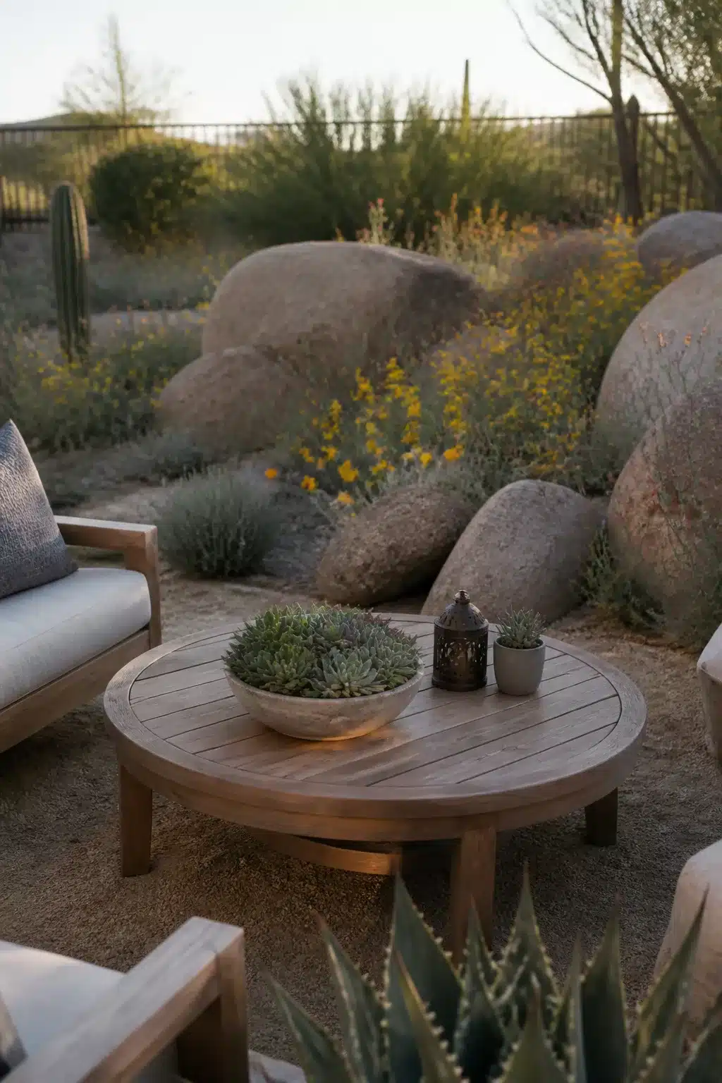 Teak outdoor seating with boulder garden and native wildflowers — Arizona backyard landscaping ideas for desert yards
