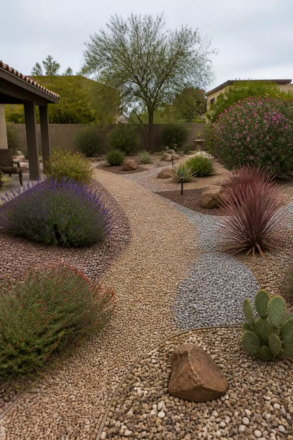 Arizona backyard landscaping idea with gravel path, purple salvia, red yucca, and drought-tolerant xeriscape plants