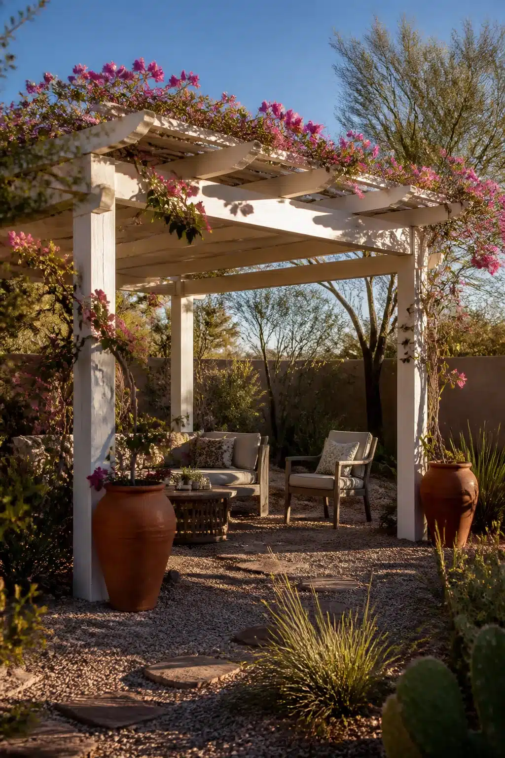 White pergola with pink bougainvillea and terracotta urns — Arizona backyard landscaping ideas with desert hardscape