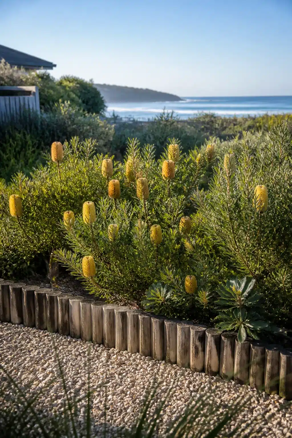 Banksia shrubs in bloom with log roll edging and pea gravel in an Australian coastal garden by the sea