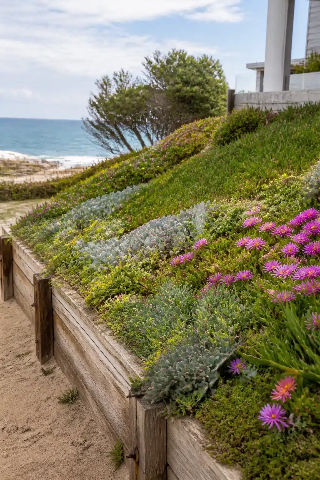 Timber retaining wall with ice plant and succulent slope in an Australian coastal garden overlooking the ocean