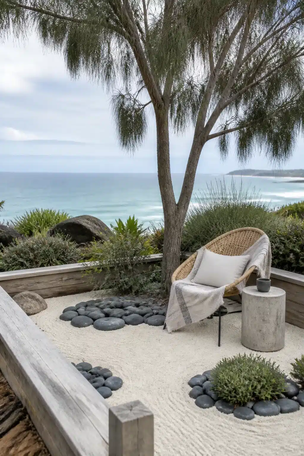 Raked sand zen garden with river stones, wicker chair and ocean backdrop in an Australian coastal garden