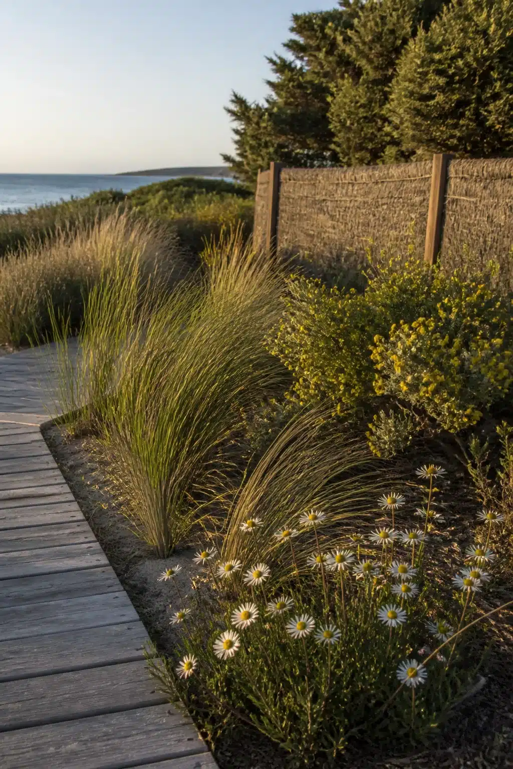 Reed fence, tussock grass and coastal daisy planting strip beside a boardwalk in an Australian coastal garden.