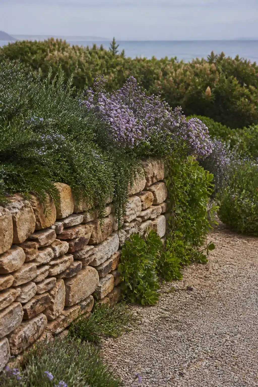 Dry stone wall with cascading rosemary and purple herbs in an Australian coastal garden with ocean views.