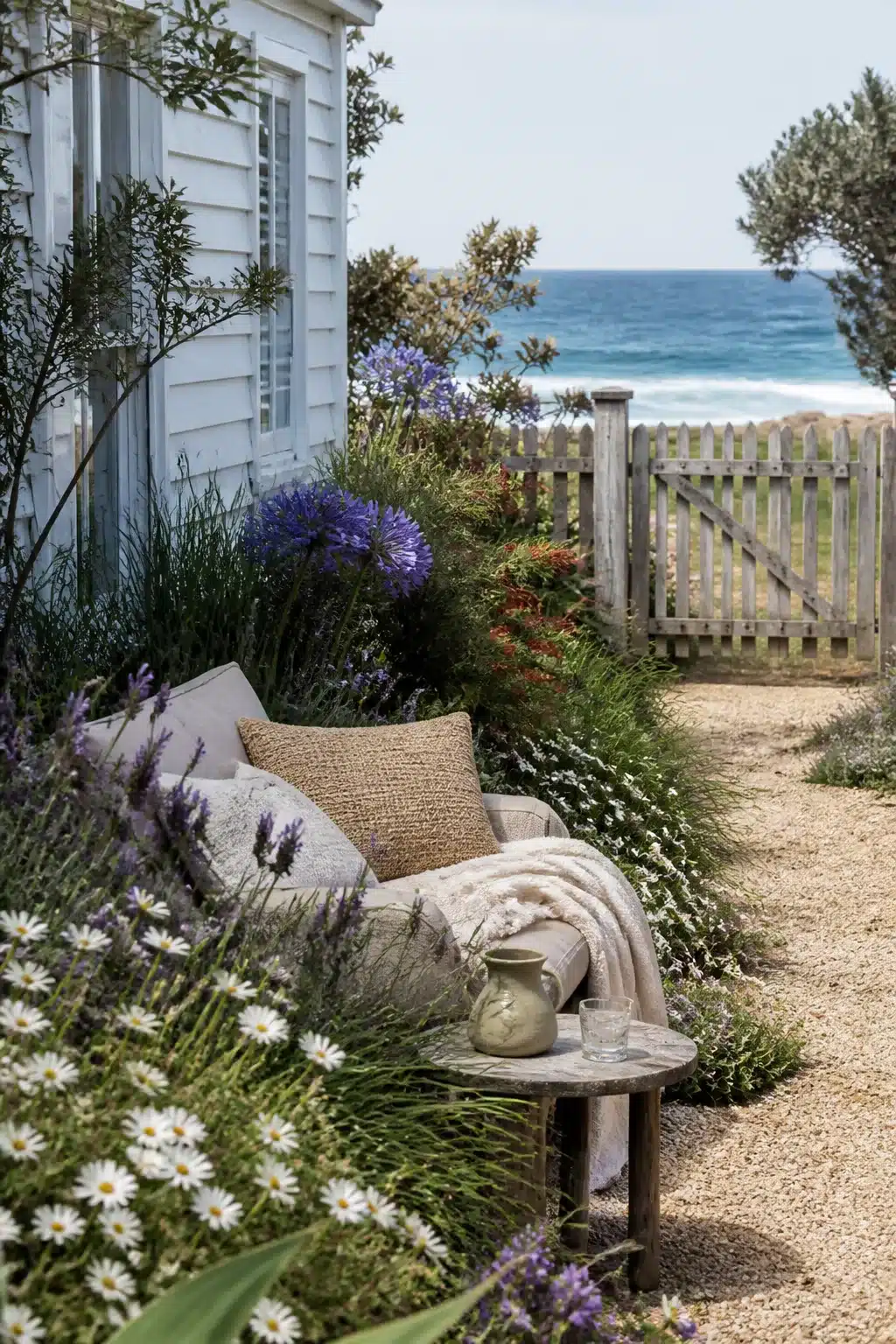 Gravel path cottage garden at an Australian coastal beach shack with agapanthus, daisies, and ocean view through picket gate.