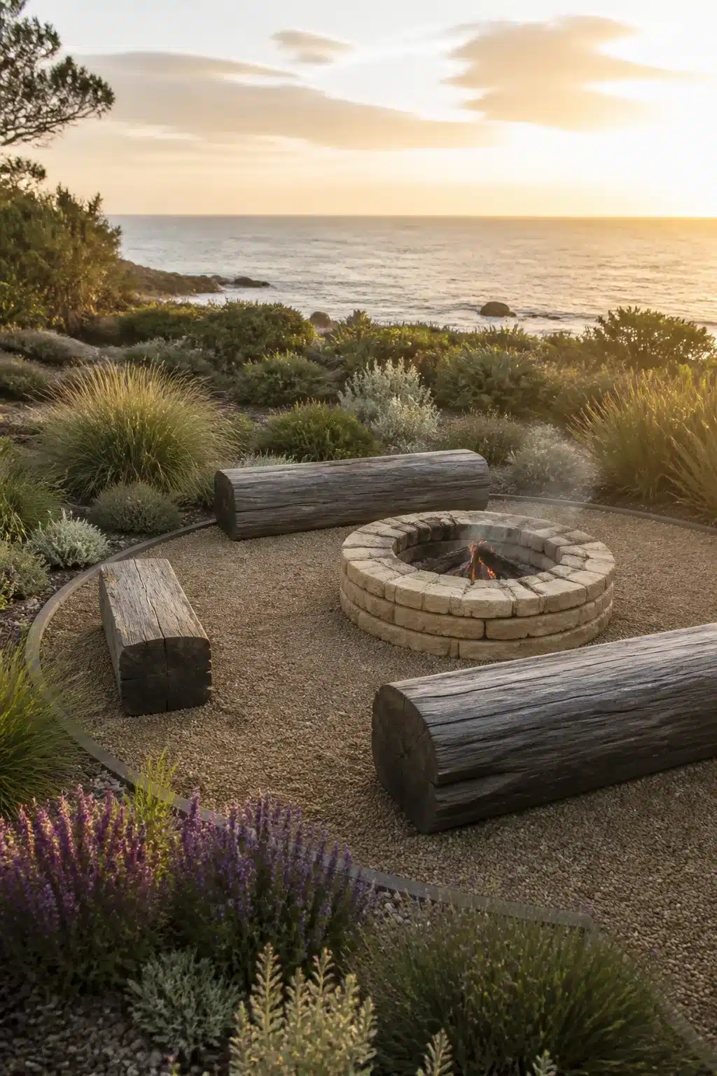 Stone fire pit with salvaged log benches in an Australian coastal garden at sunset, surrounded by coastal grasses and shrubs.