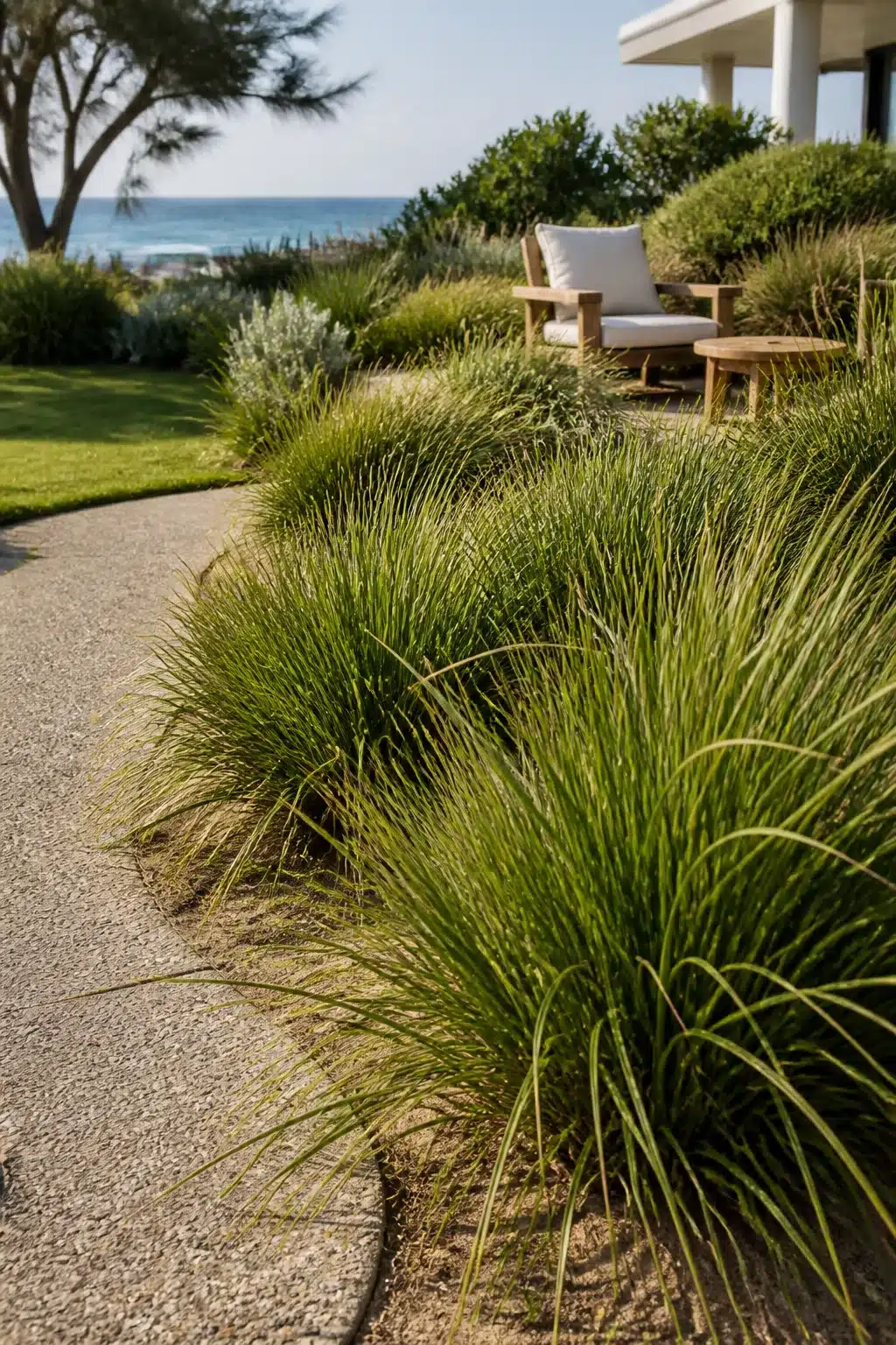 Lomandra grass border lining a gravel path in an Australian coastal garden with ocean views beyond.