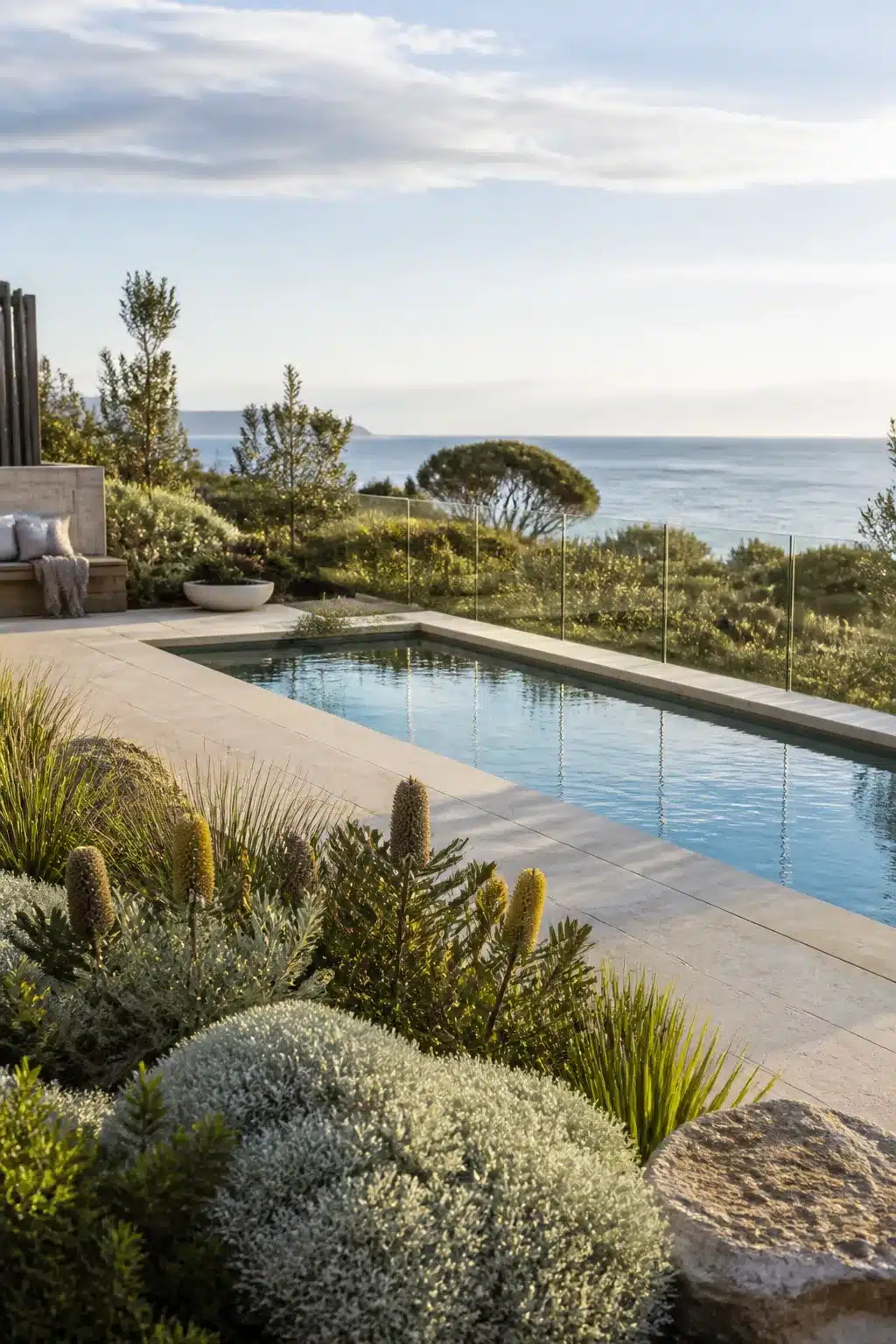 Limestone pool surround with native coastal planting and ocean views — Australian coastal garden design ideas