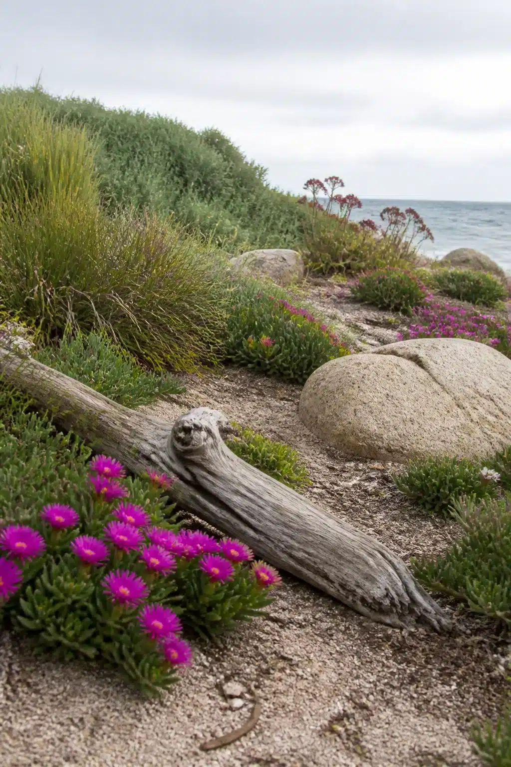 Driftwood log with magenta pigface and granite boulders in an Australian coastal garden by the sea.
