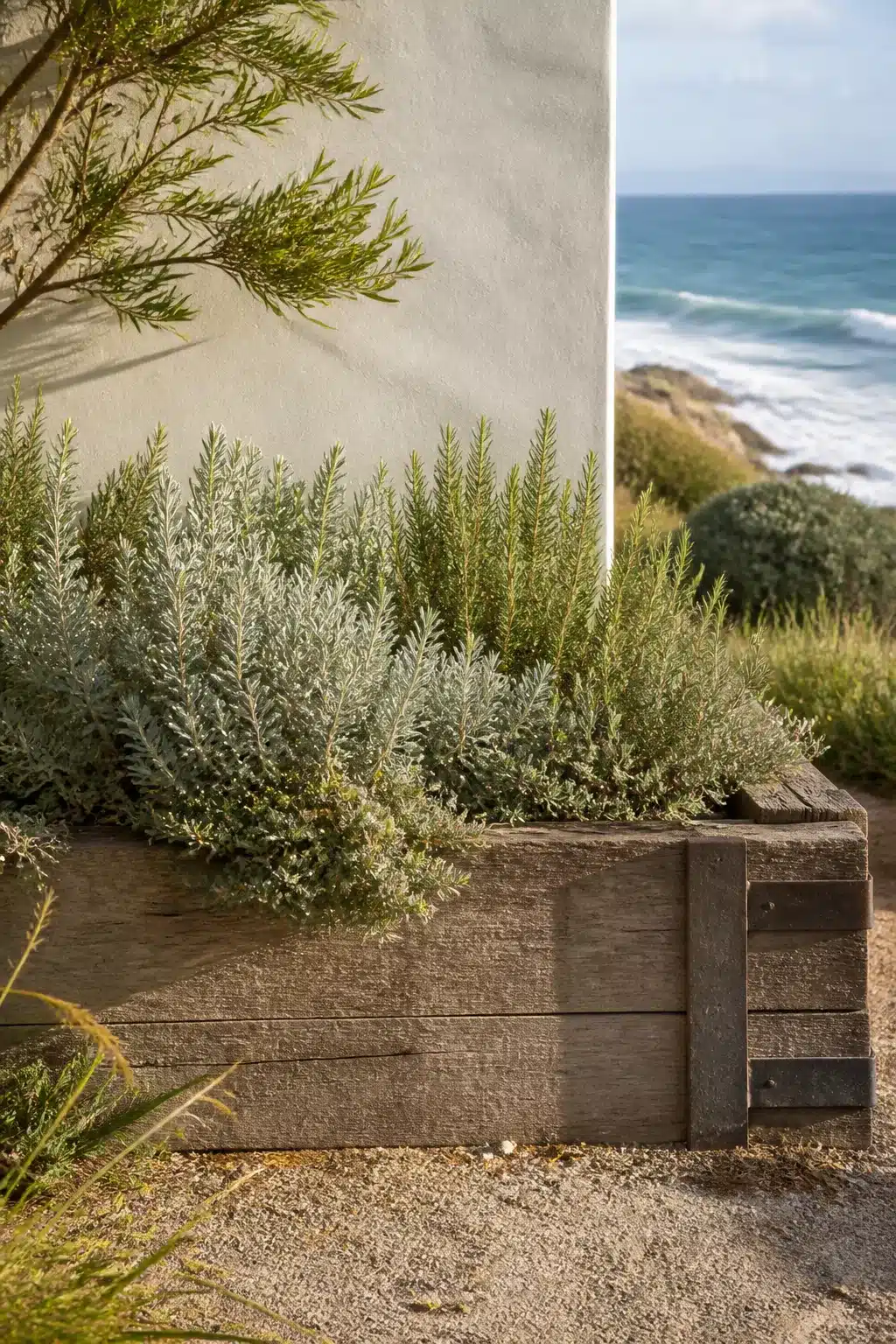 Reclaimed timber sleeper raised garden bed with rosemary and silver herbs in an Australian coastal garden setting.