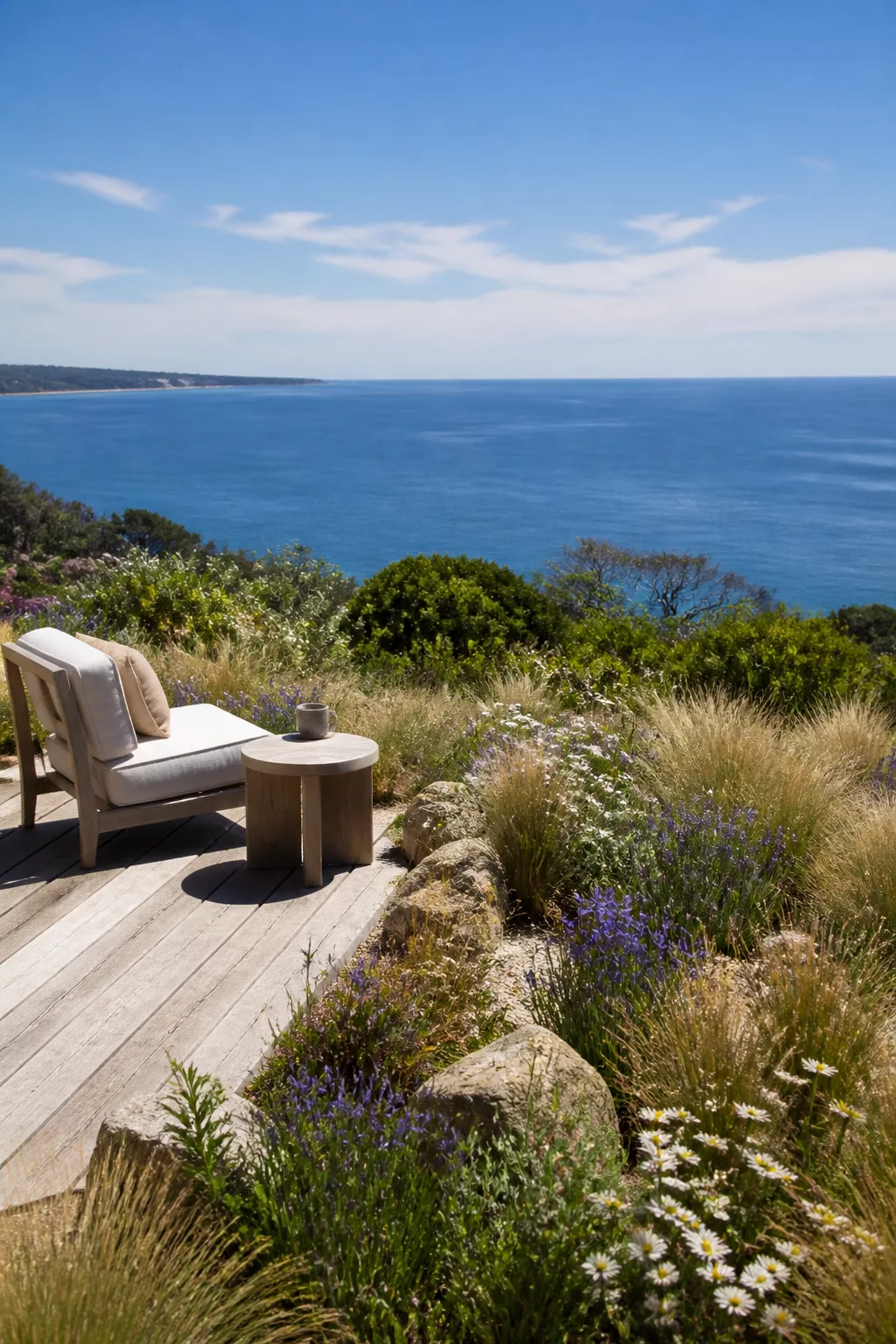 Weathered timber deck with wild daisy and purple wildflower headland planting in an Australian coastal garden overlooking the ocean.
