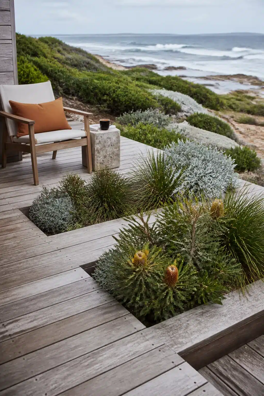 Weathered timber deck with built-in banksia planting pockets in an Australian coastal garden by the sea.