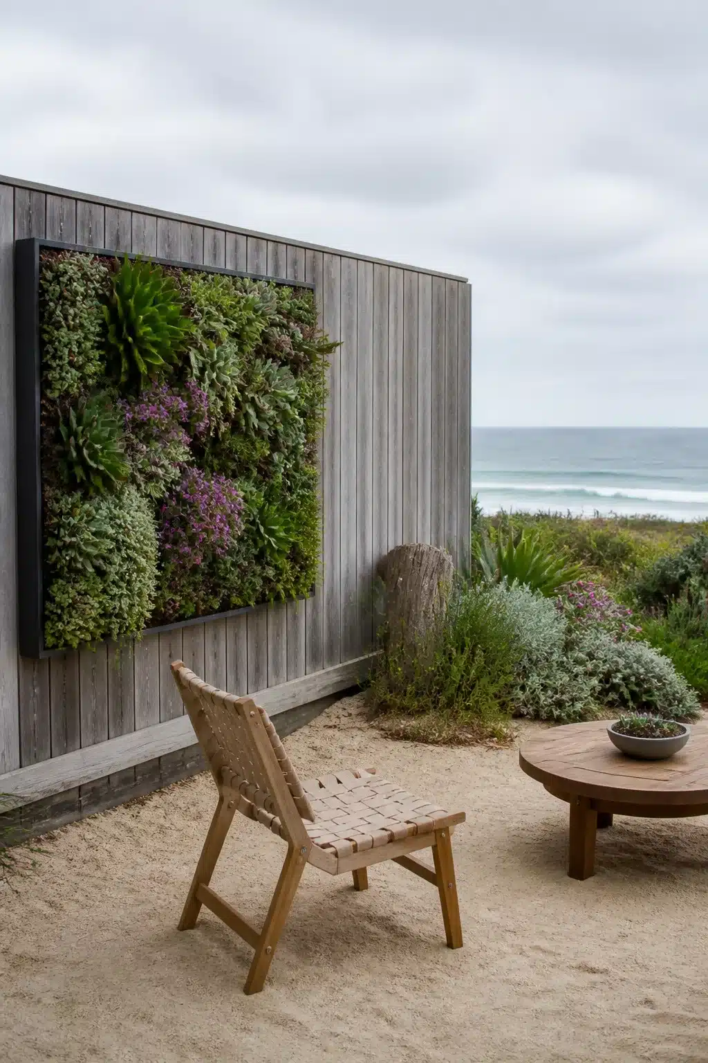 Framed succulent living wall on weathered timber cladding in an Australian coastal garden with ocean views