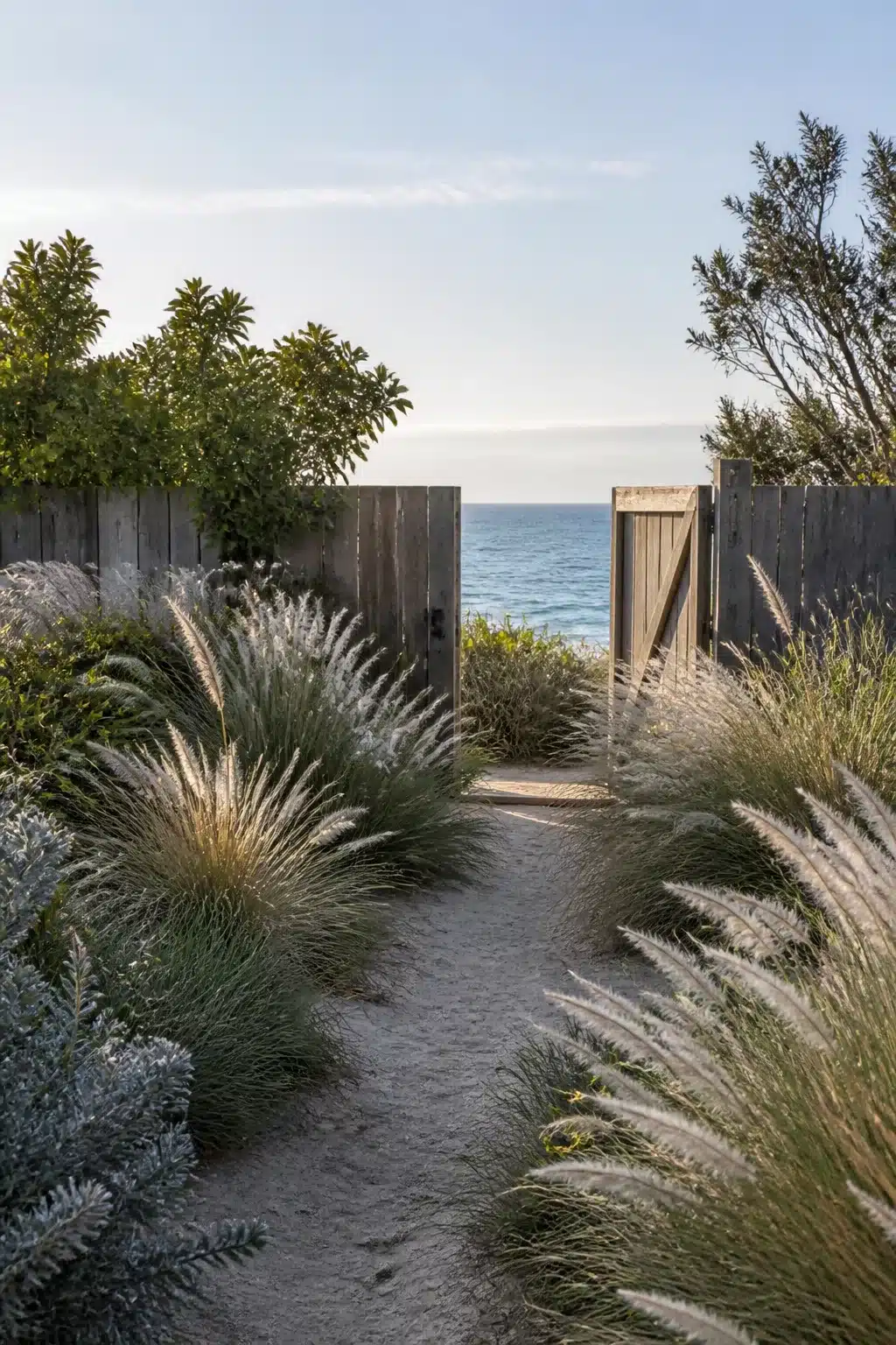 Sandy coastal garden path lined with feather grasses leading to a weathered timber gate and ocean view — Australian Coastal Gardens