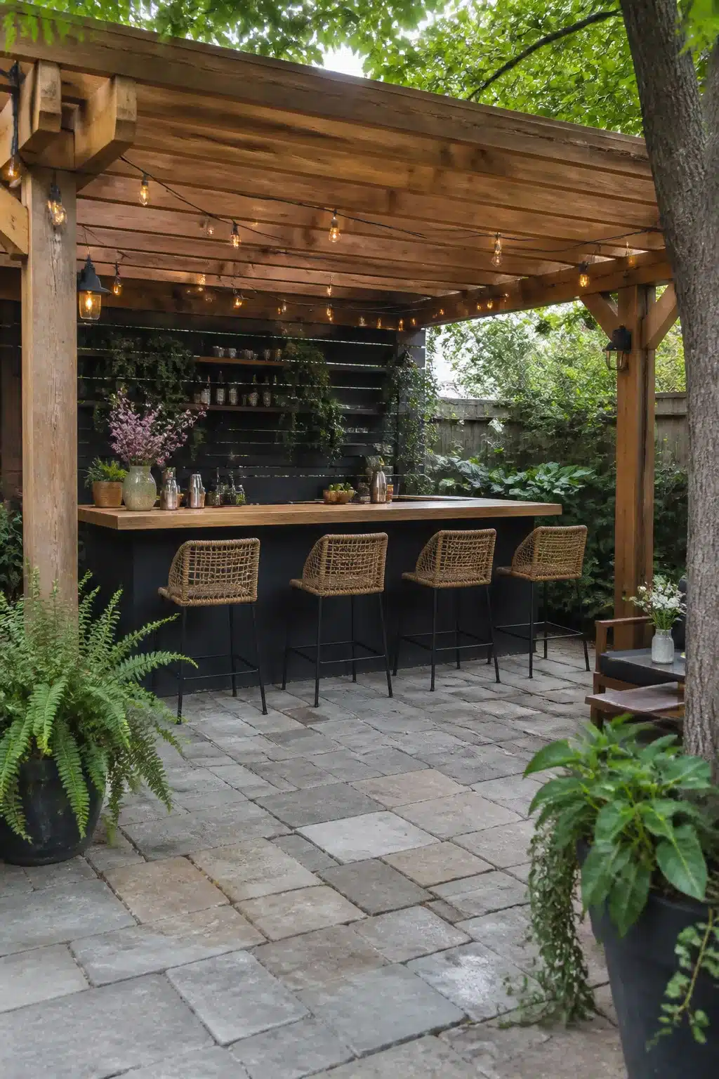 Backyard bar ideas with cedar pergola, string lights, black base, wood countertop, and rattan barstools on stone patio