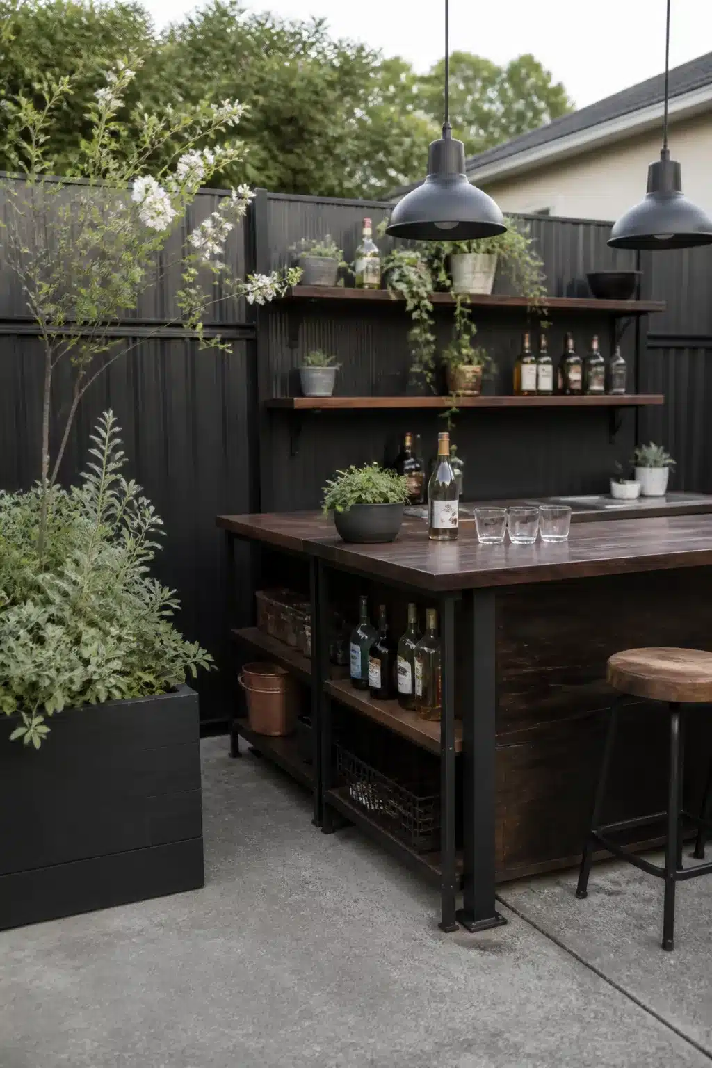 Industrial black steel frame and dark wood backyard bar ideas with pendant lights and wall shelves