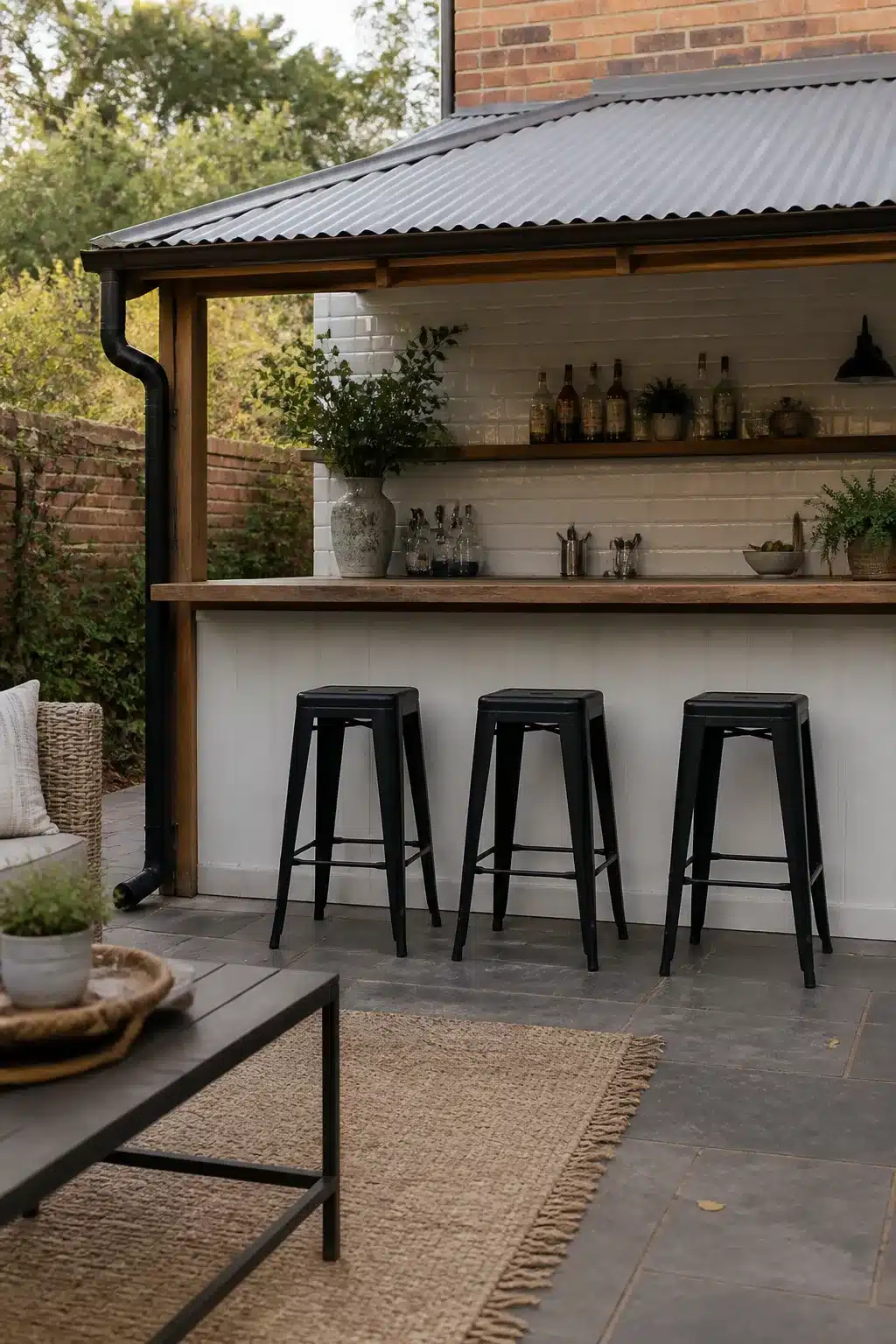 Backyard bar ideas: lean-to bar with white subway tile, corrugated metal roof, and black metal stools