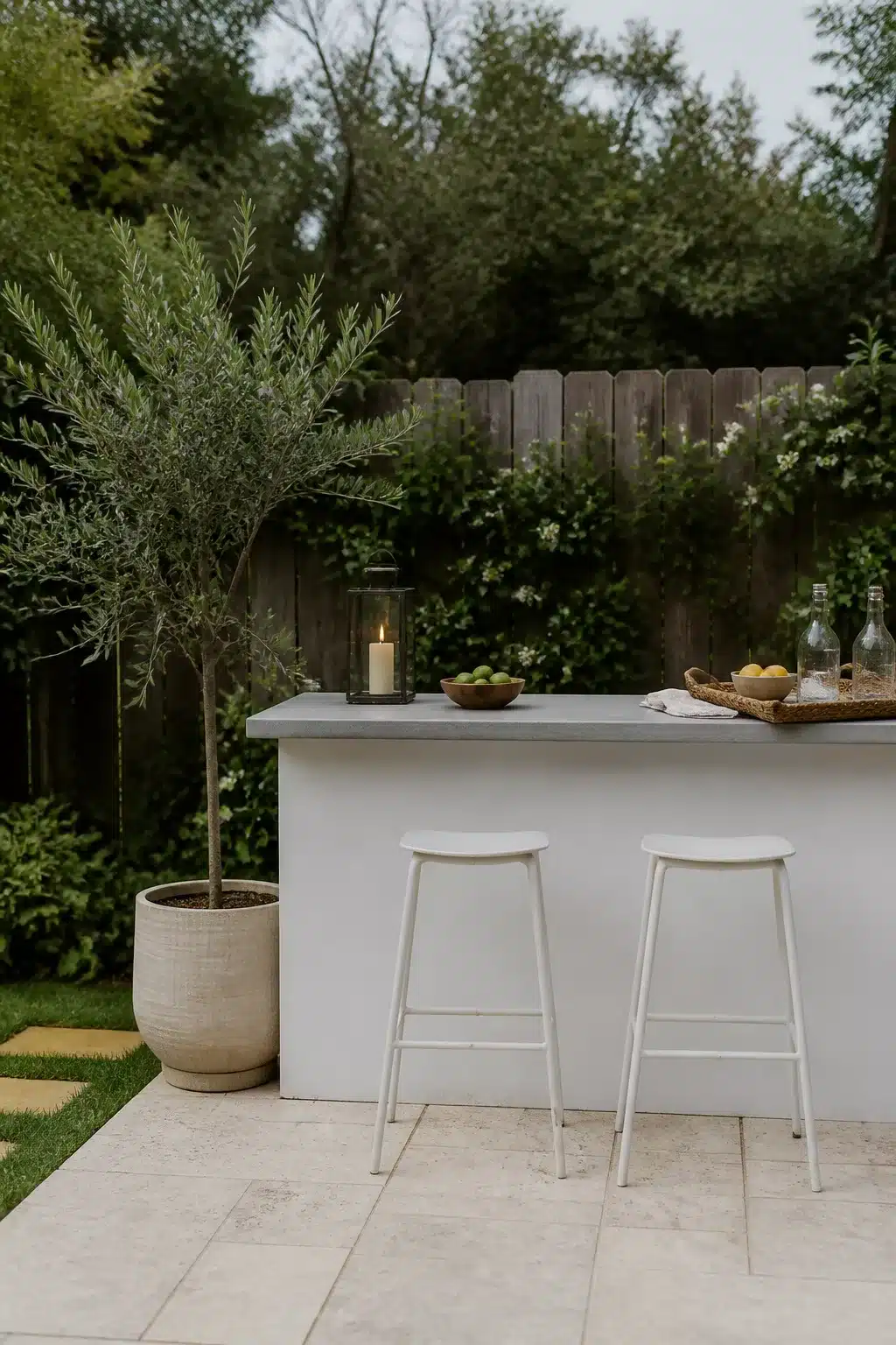 Minimalist white stucco backyard bar ideas with concrete top, olive tree, and white stools on stone patio