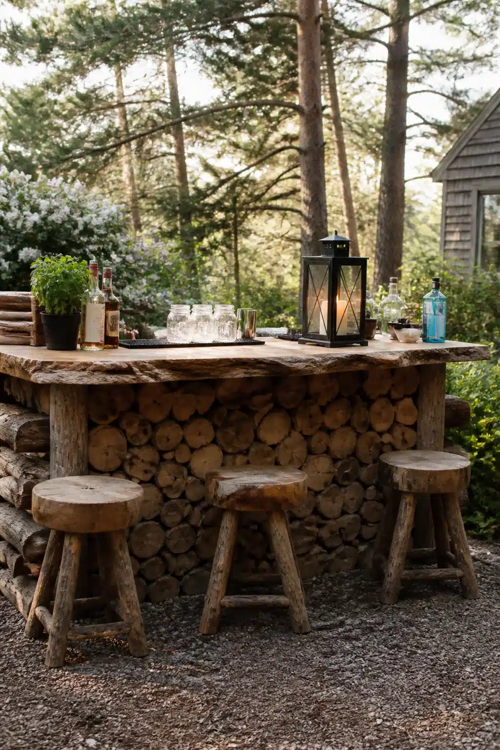 Rustic backyard bar ideas with stacked log end front, live-edge top, and raw wood stools in a woodland garden