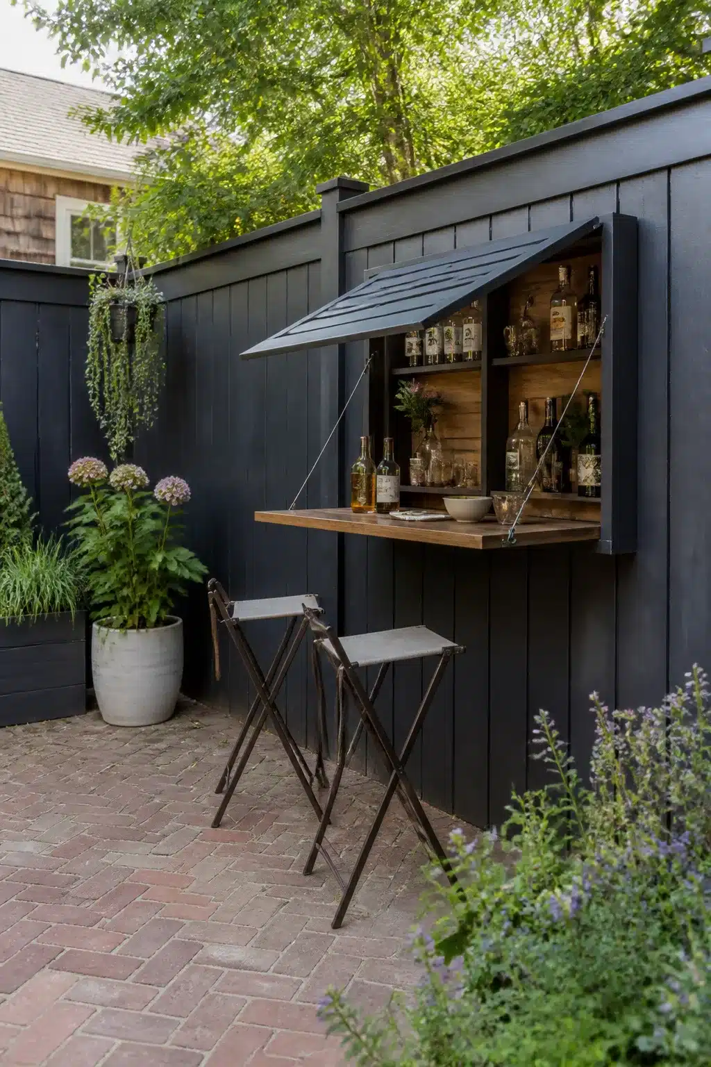 Fold-out wall cabinet backyard bar idea on charcoal fence with walnut counter and brick patio