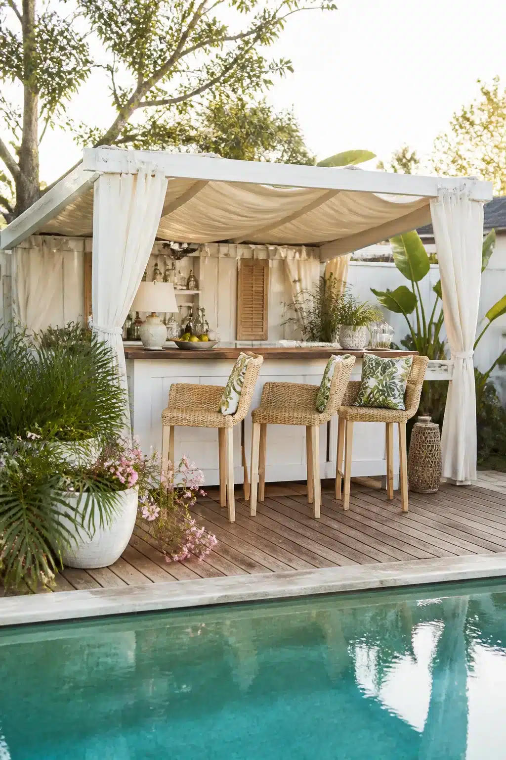Backyard bar ideas: white draped cabana bar with rattan stools beside a pool on a wood deck.