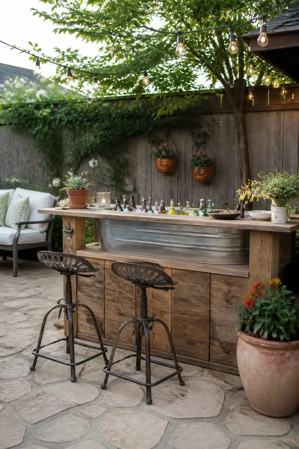 Galvanized trough backyard bar ideas with reclaimed wood frame, tractor stools, and string lights overhead