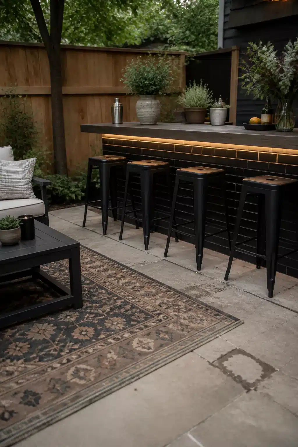 Backyard bar ideas with dark tile, warm LED strip lighting, black metal stools, and vintage outdoor rug on stone patio.
