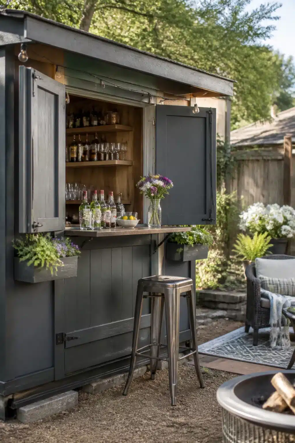 Dark gray potting shed converted into a backyard bar with fold-down wood counter and open shelving — Backyard Bar Ideas
