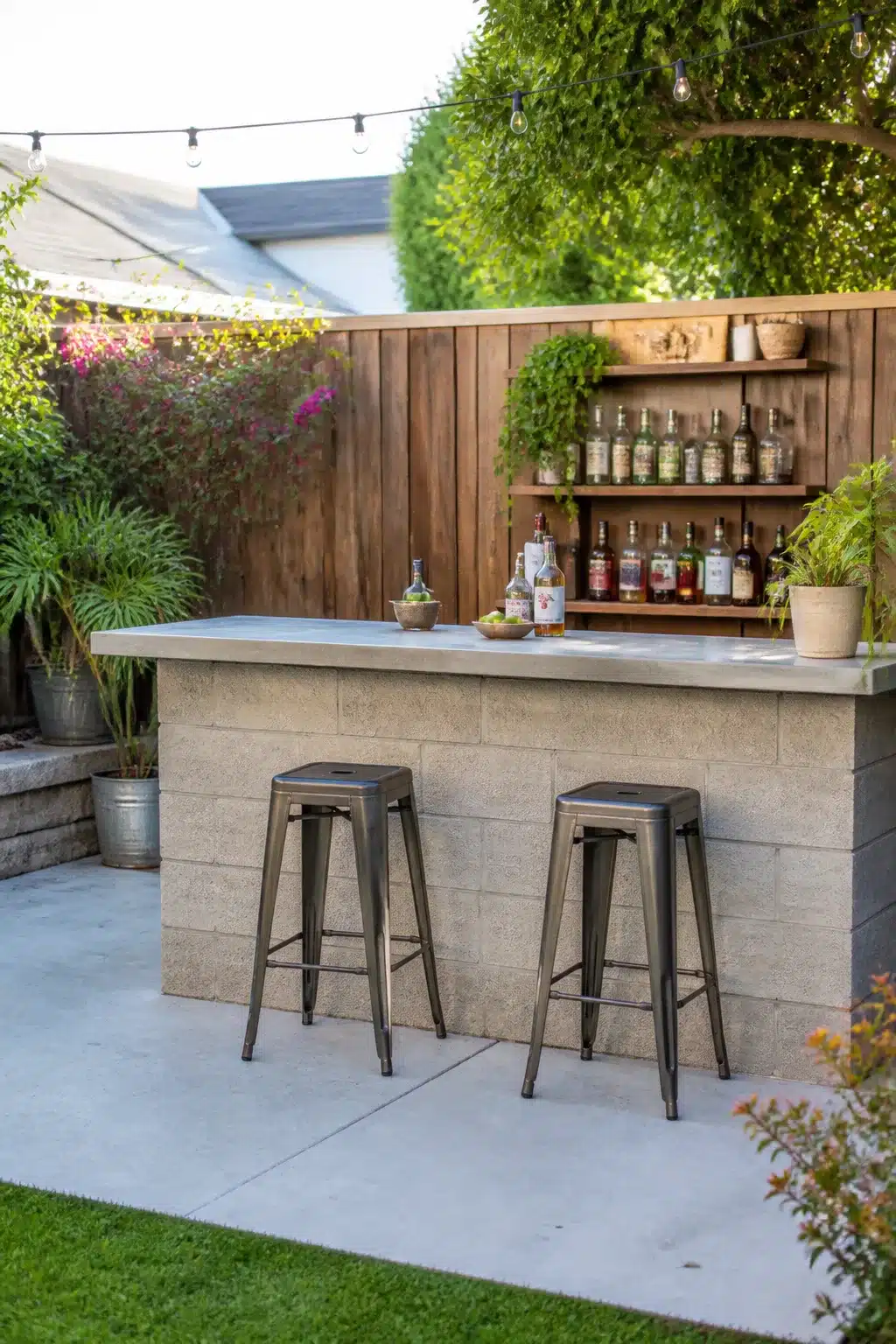 Backyard bar ideas featuring a concrete block built-in bar with poured concrete top and wood shelving on fence