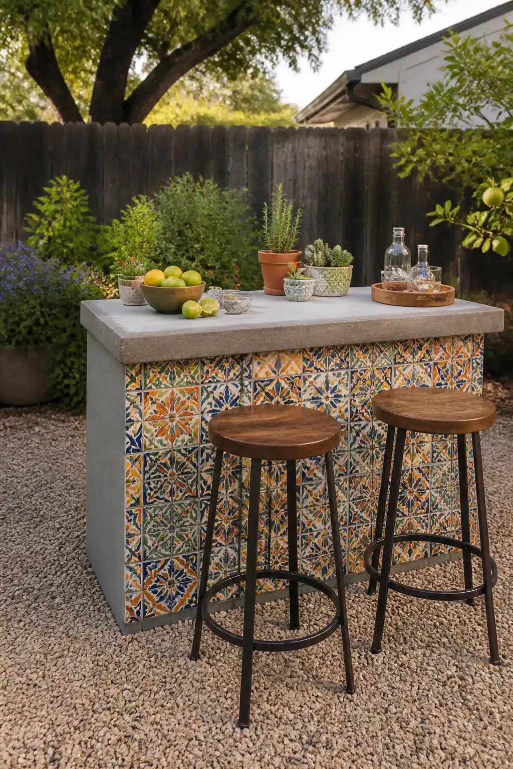 Talavera tile outdoor backyard bar with concrete top and metal stools — Backyard Bar Ideas