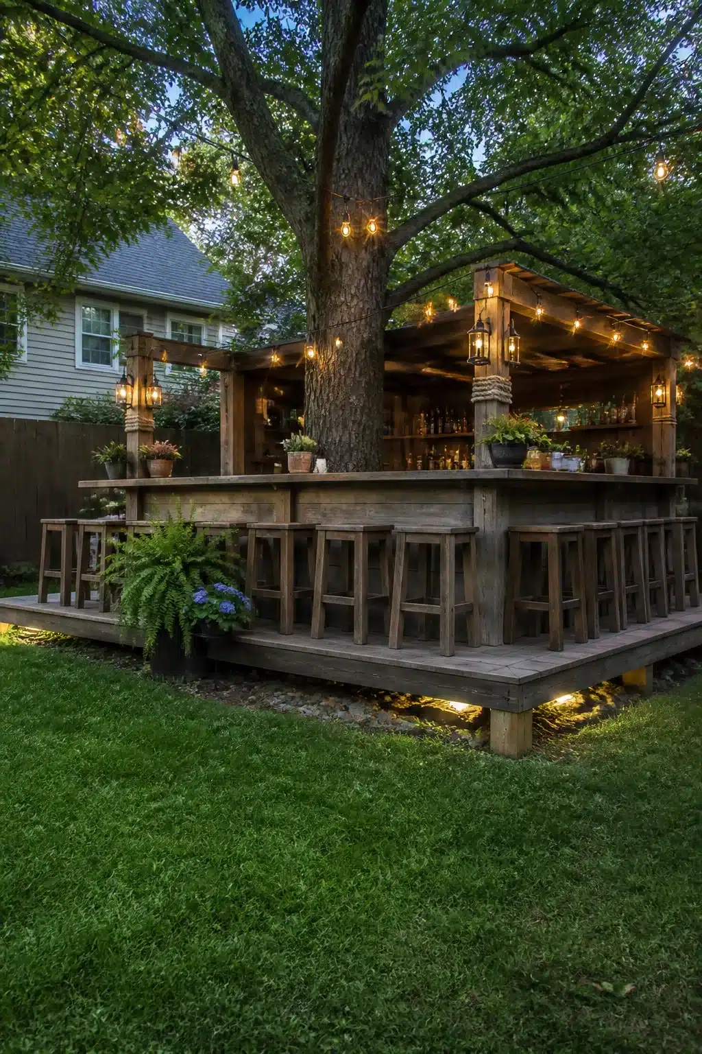 Backyard bar ideas: rustic reclaimed wood outdoor bar built around a live oak tree with string lights at dusk.