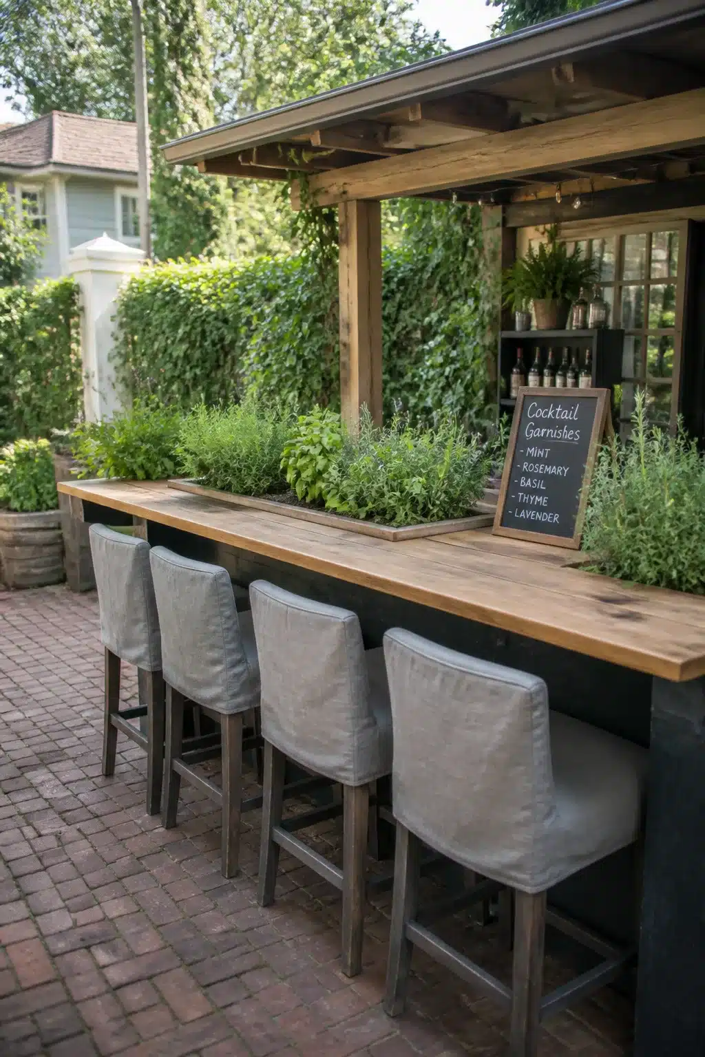 Outdoor backyard bar ideas with built-in herb planter, butcher block top, and linen stools on brick patio