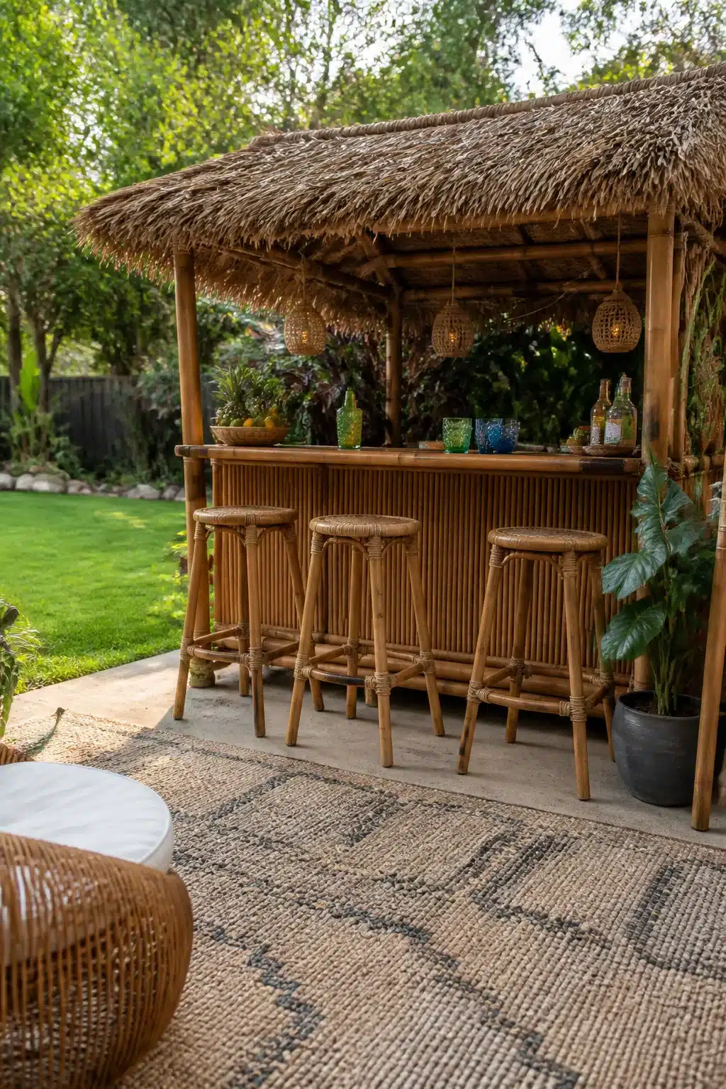 Thatched bamboo tiki bar with rattan stools and jute rug — backyard bar ideas for a tropical outdoor setting