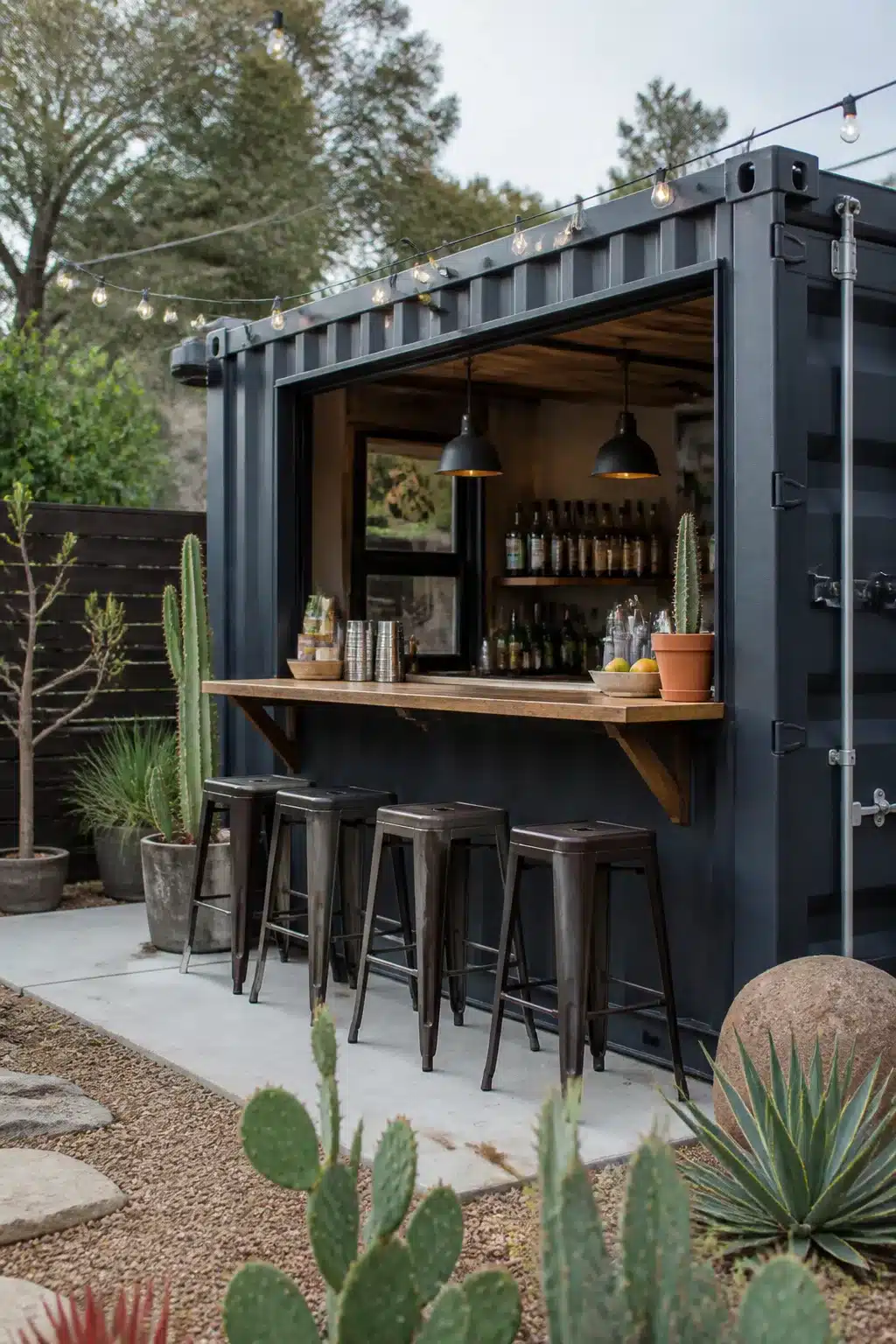 Dark navy shipping container backyard bar ideas with wood counter, metal stools, and cactus garden surround