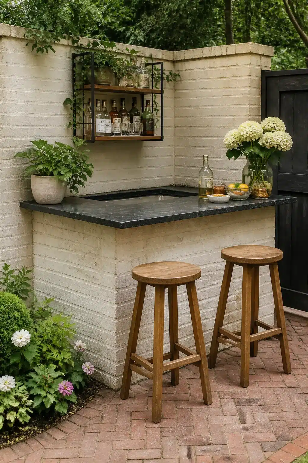 Cream painted brick corner backyard bar ideas with slate countertop, teak stools, and wall-mounted bottle shelf