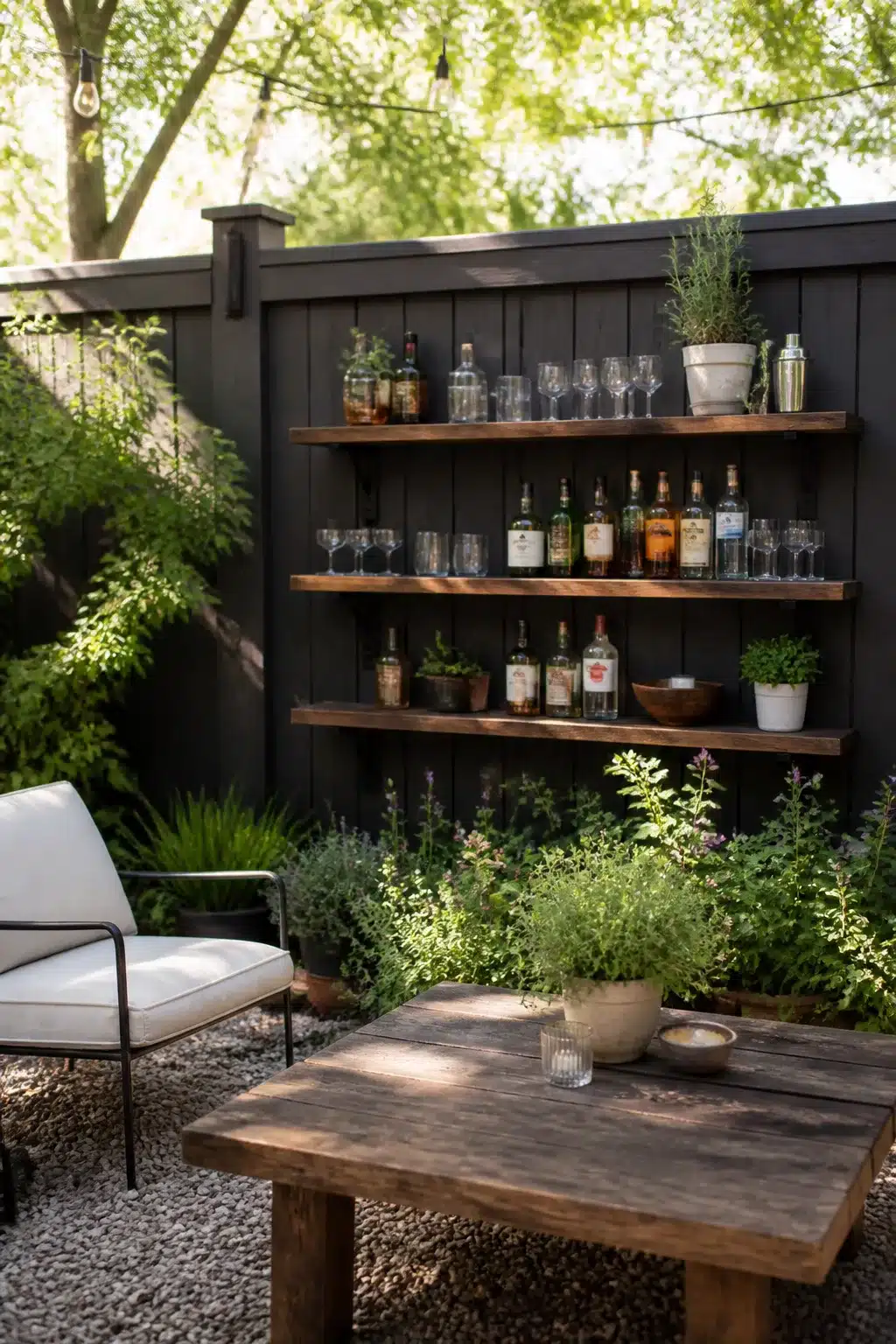 Backyard bar ideas: dark fence with floating wood shelves holding bottles and glassware in a gravel garden patio.