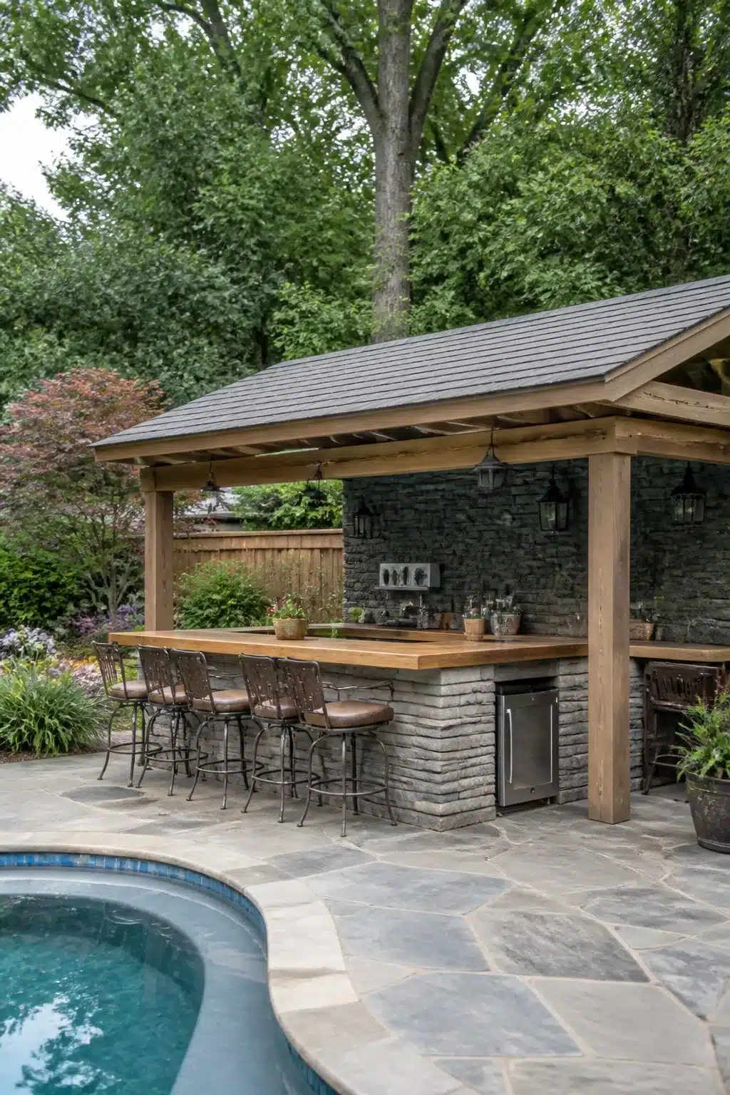 Stacked stone outdoor bar with cedar roof and wood countertop beside a pool — backyard bar ideas