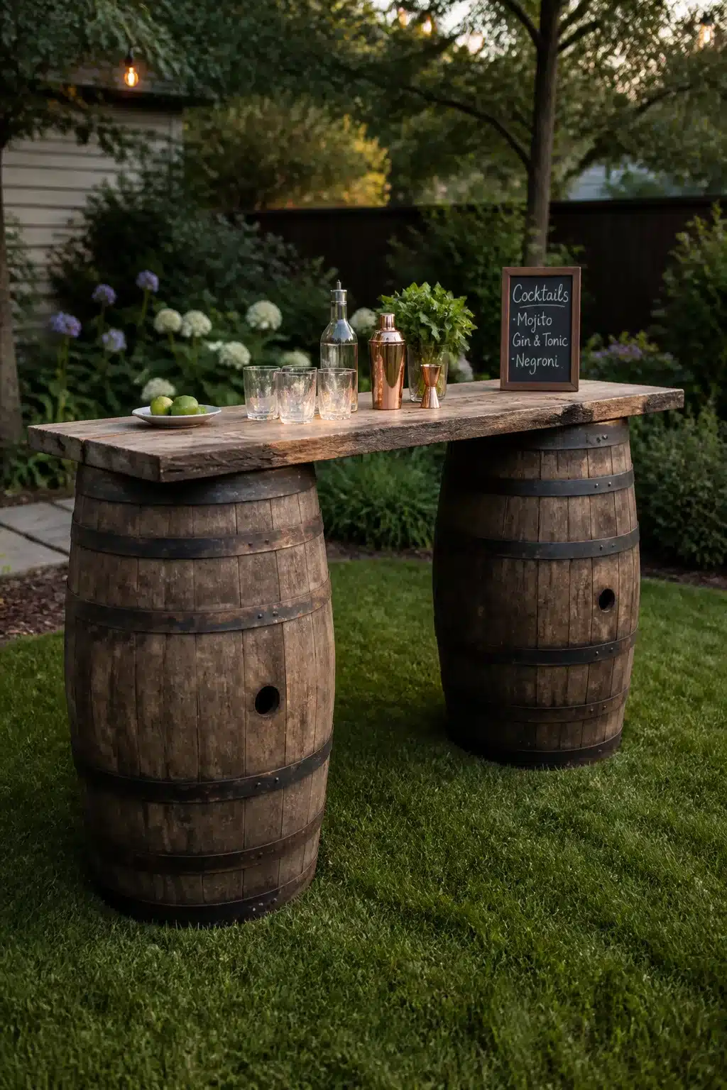 Whiskey barrel backyard bar ideas with reclaimed wood plank top, copper shaker, and chalkboard cocktail menu on green lawn