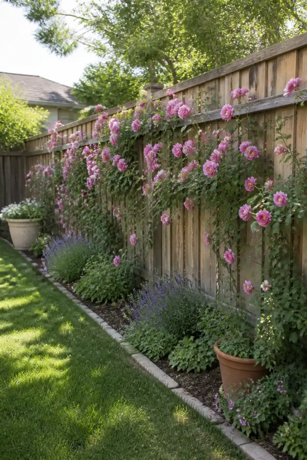 Pink climbing roses trained on a wood backyard fence with lavender border — backyard fence landscaping ideas