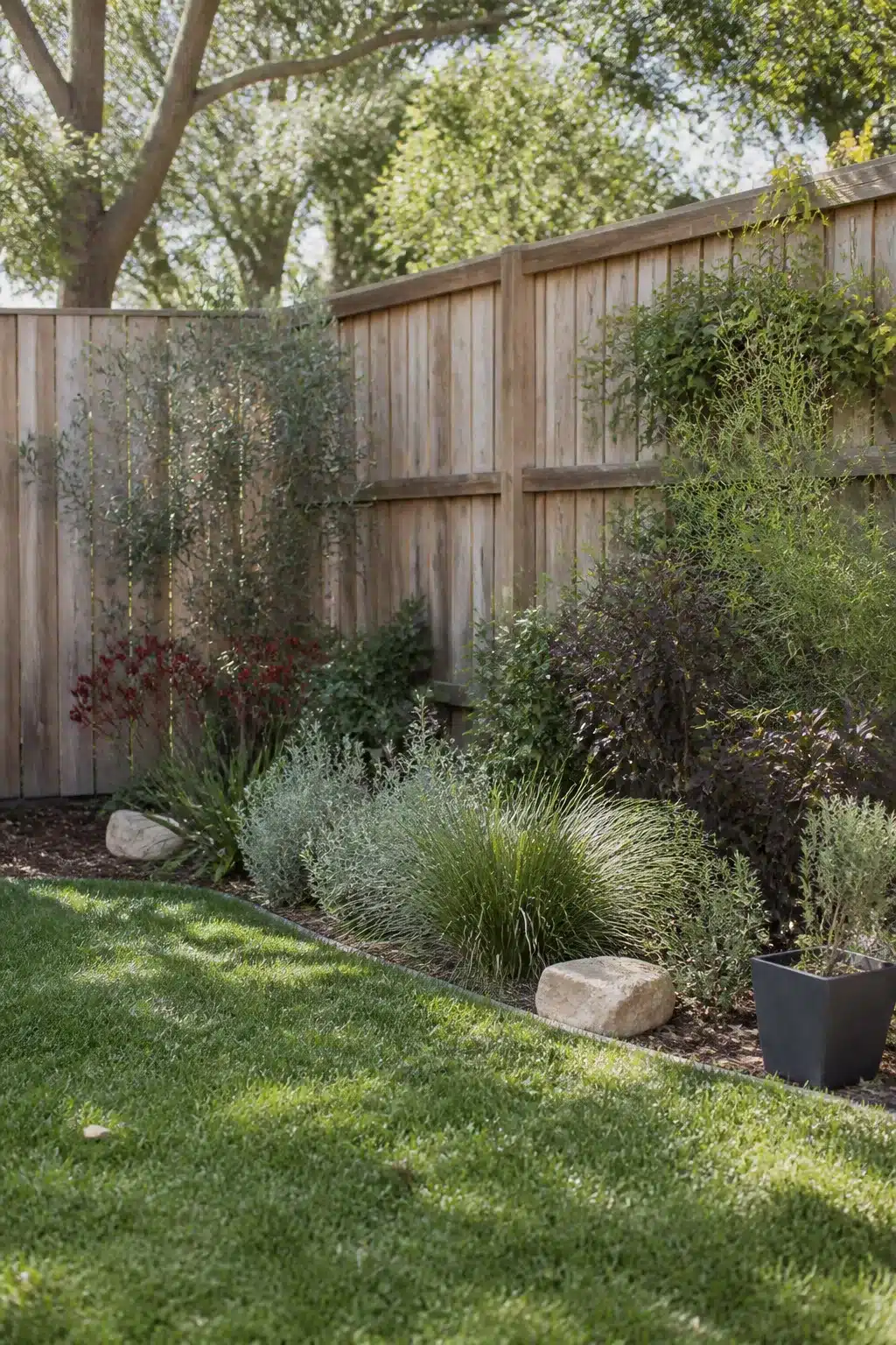 Backyard fence landscaping ideas with native shrub border, ornamental grasses, boulders, and cedar fence.
