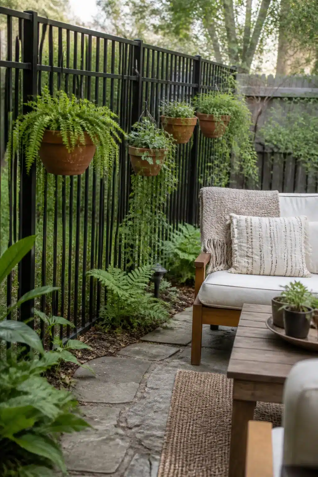 Backyard fence landscaping idea with hanging terracotta fern planters on a black iron fence and cozy patio seating.