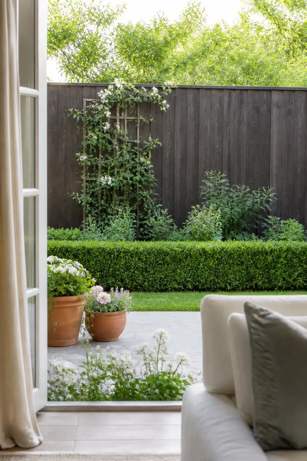 Dark fence with boxwood hedge liner and climbing trellis — backyard fence landscaping ideas for a formal garden look
