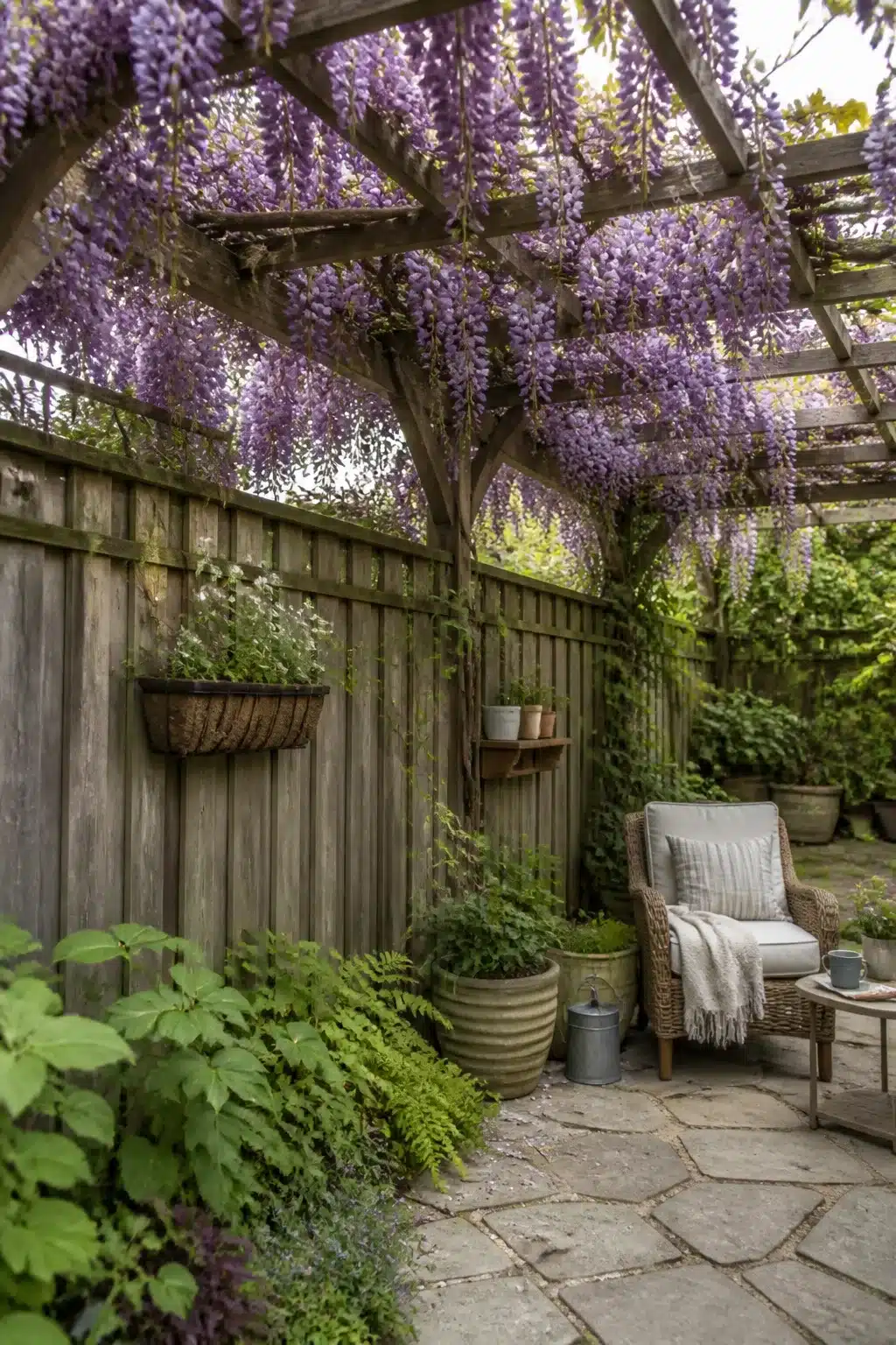 Purple wisteria draped over pergola against rustic wood fence — backyard fence landscaping ideas with stone patio
