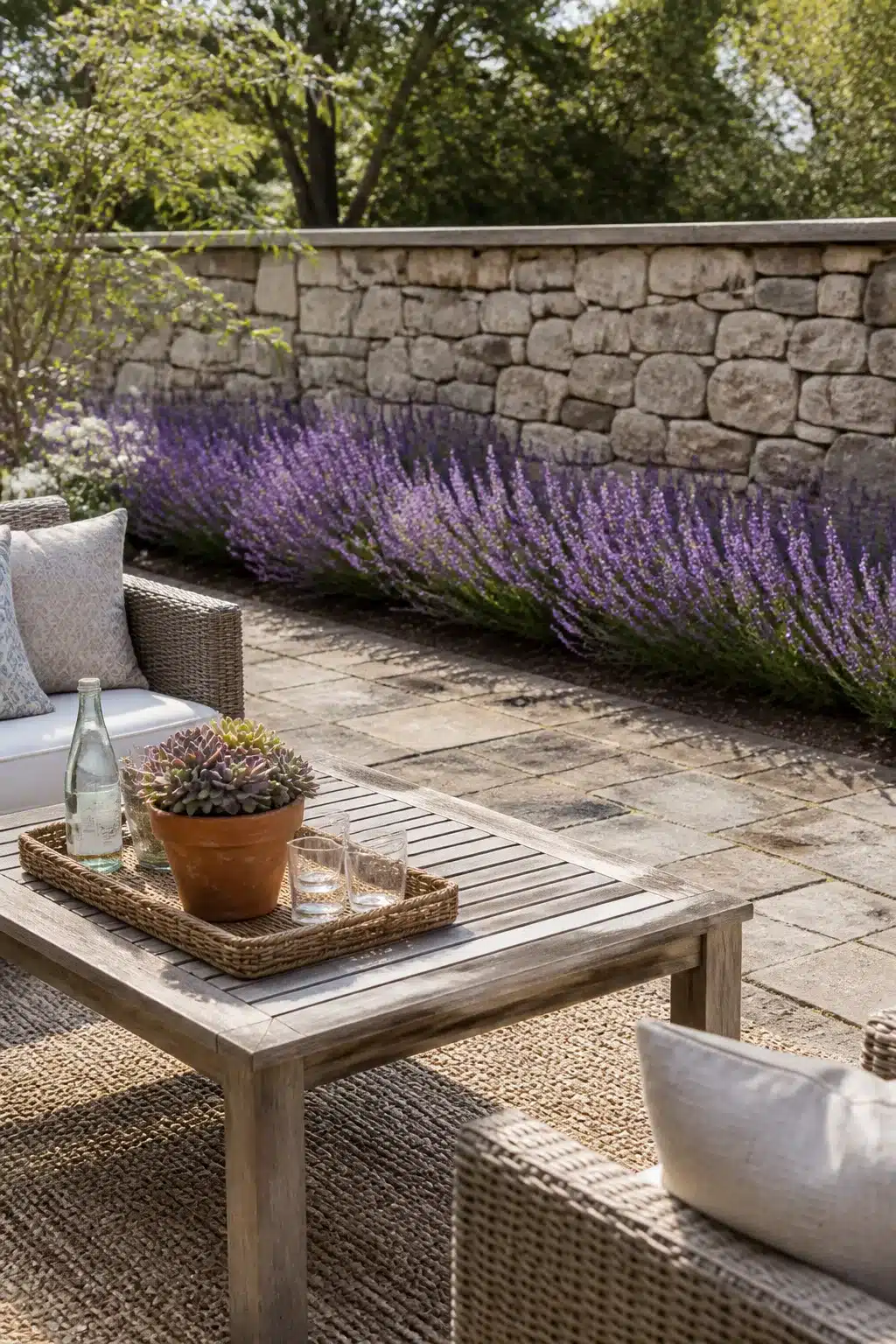 Backyard fence landscaping idea with a lavender border planted along a dry-stack stone wall on a stone patio.