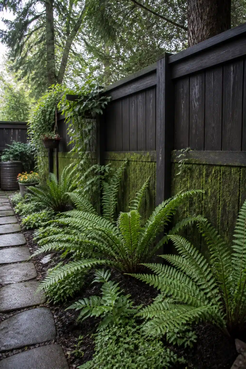 Dark wood fence with lush sword ferns and moss — backyard fence landscaping ideas for shady spaces.