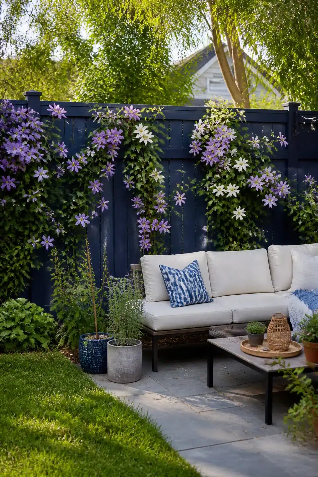 Backyard fence landscaping ideas with navy painted wood fence covered in purple and white clematis vines and a patio seating area.